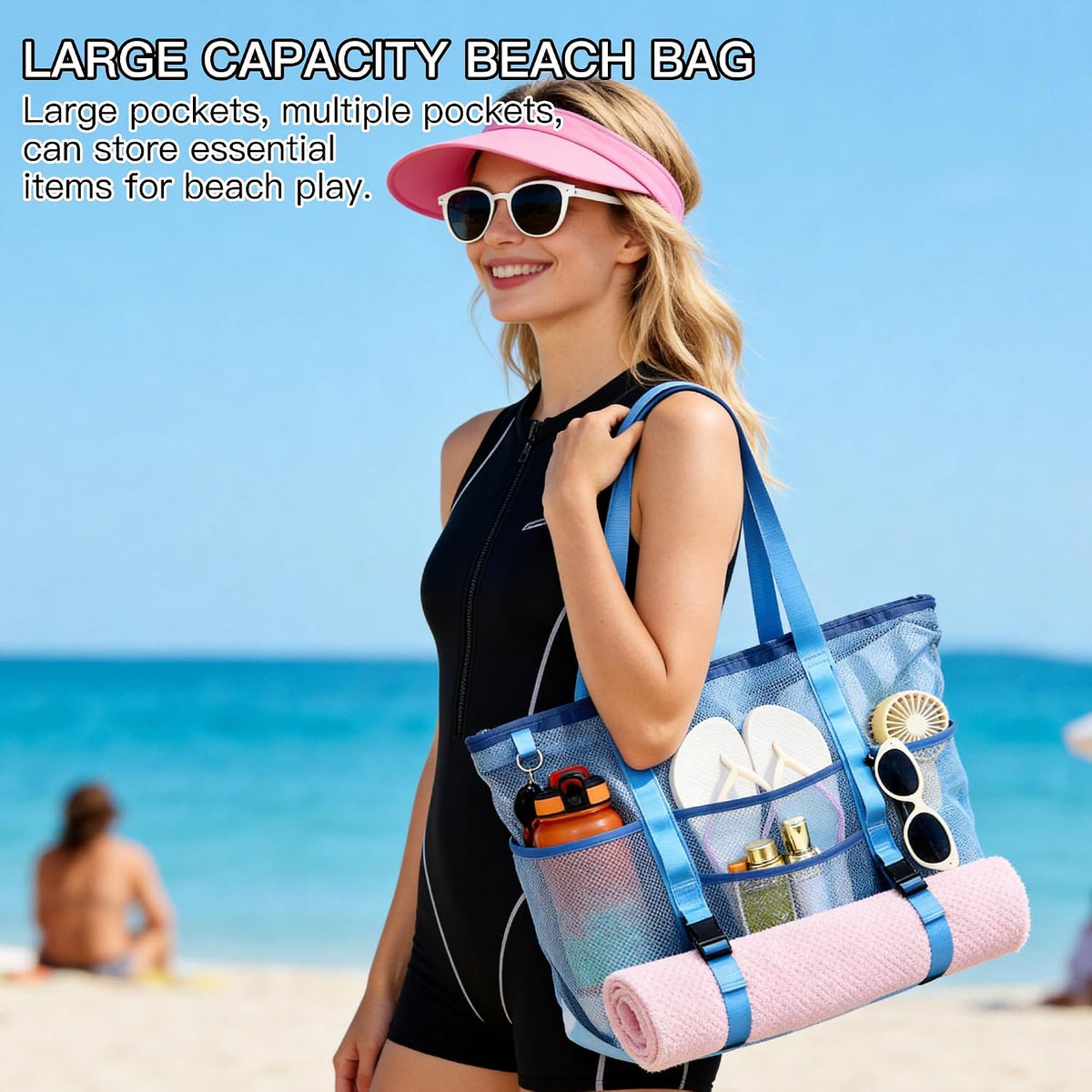Large Mesh Beach Tote Bag with Top Zipper