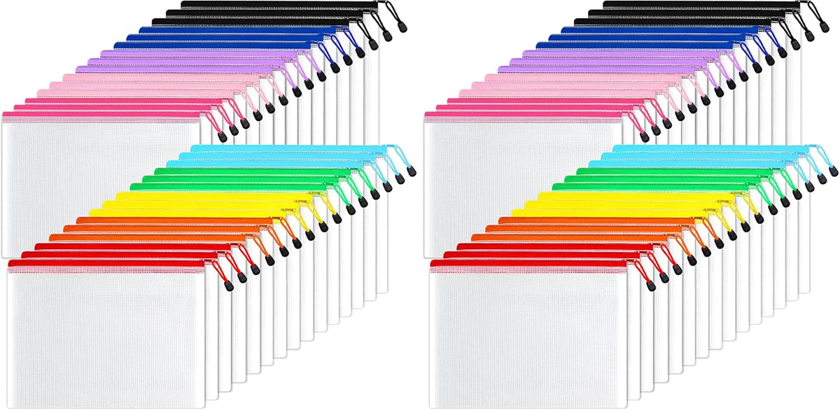 SUNEE Mesh Zipper Pouch 11x15 in (10 Colors, 60 Packs), Large Mesh Zipper Pouch Bags for School Office Supplies, Puzzles & Games, Travel Accessories
