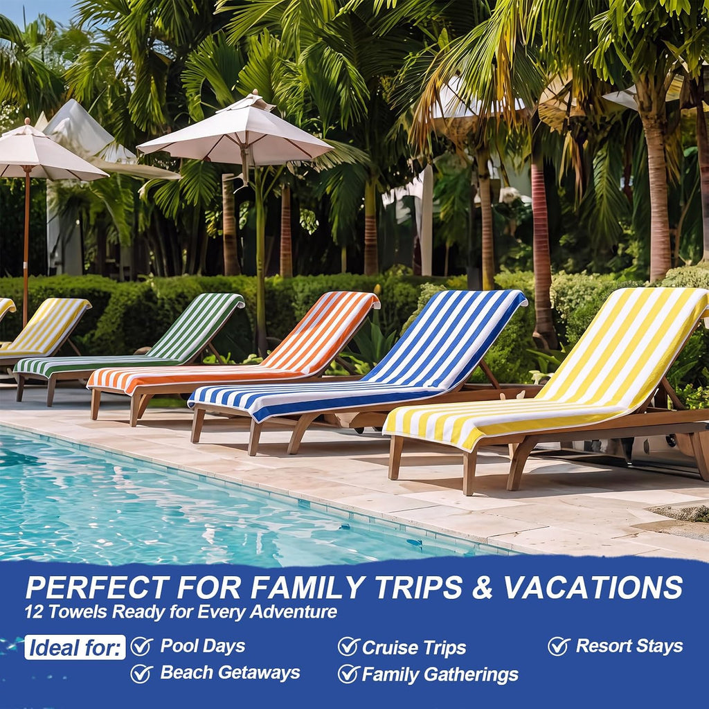 Breling 12 Pack 100% Cotton Oversized Cabana Stripe Beach Towels 30" x 60"
