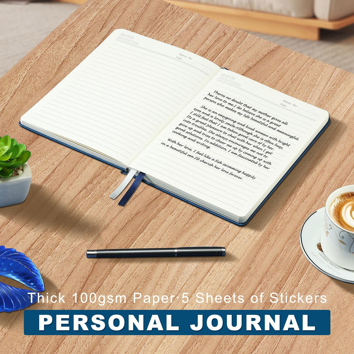 Lined Journal Notebook for Work With Sticky Dividers, 5.75'' X 8.6'' Blue Hardcover Notebook for Writing, 200 Pages Thick Travel Daily Journal, College Ruled Notebook for Women Men, School Supplies
