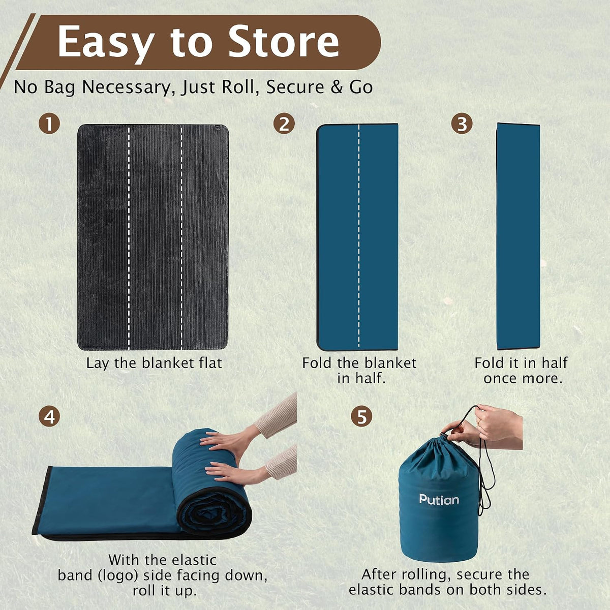 PuTian Camping Blanket with Corduroy Lining, Waterproof, 79"×57", Blue