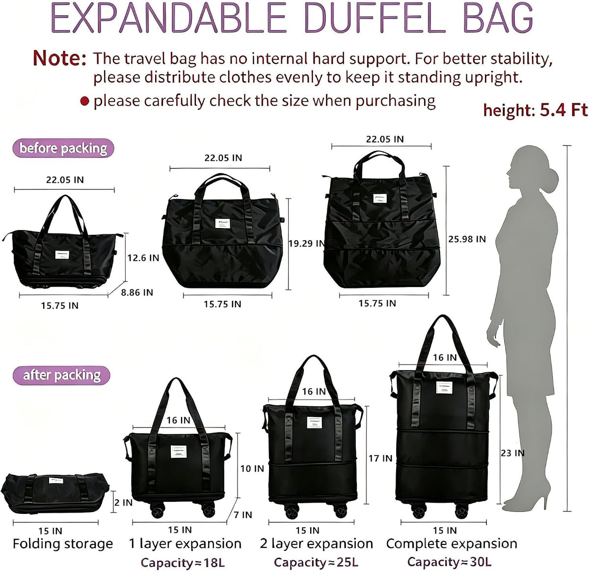 Rolling Duffle Bag with Wheels, Expandable Foldable Duffle Bag for Travel, Rolling Under Seat Luggage Carry on Duffel Bags, Wheeled Travel Duffel Weekend Bags, Capacity 18L to 30L (Black)
