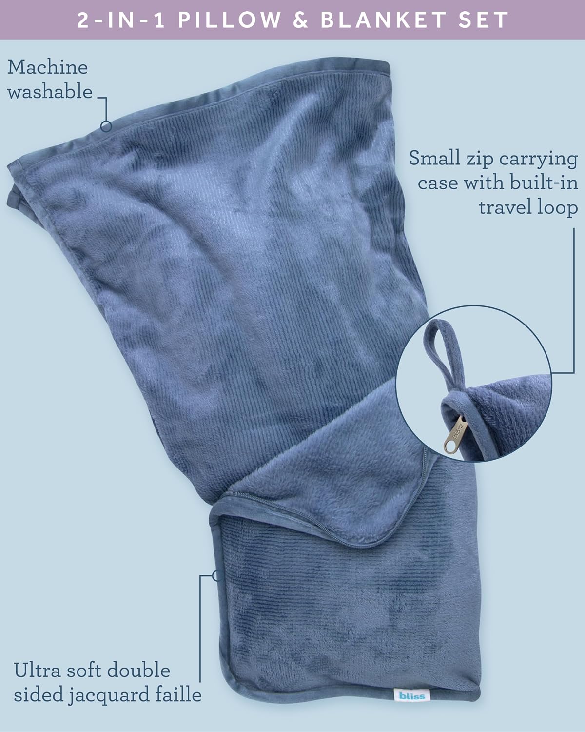 Bliss Faille Travel Pillow & Blanket Set, 2-in-1, Compact