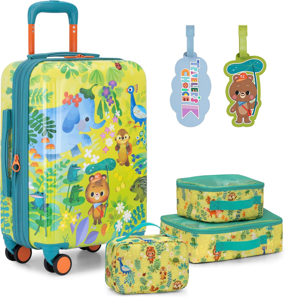 Traveler's Choice Kids JoJo the Bear's Travel Adventure, Jungle, 6-Piece Set (Carry-on, Packing Cubes, Luggage Tag)