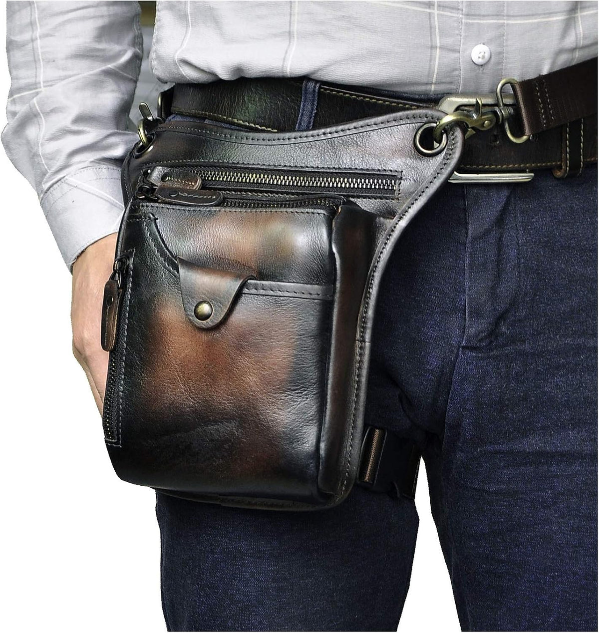 Le'aokuu Mens Genuine Leather Outdoor Sporting Hiking Waist Hip Pack Messenger Shoulder Drop Leg Thigh Bag Pouches For Women (211-5 Coffee)