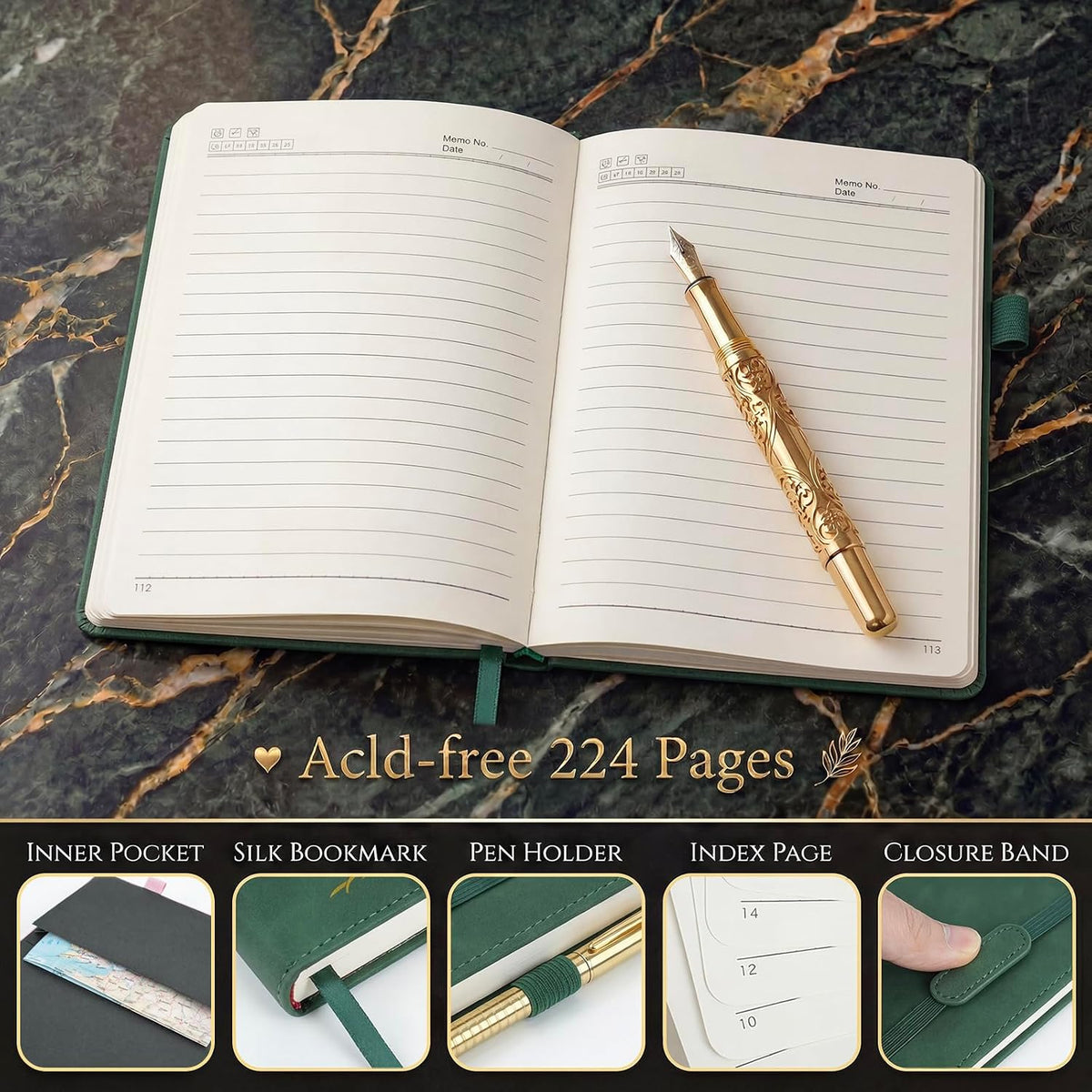 Vintage Hardcover Leather Journal Notebook, A5 Lined Notebook for Business Work School, 224 Pages 100GSM Thick No Bleed Paper, 180° Lay Flay Premium Writing Notebook for Note Taking Daily Diary Travel (Green)