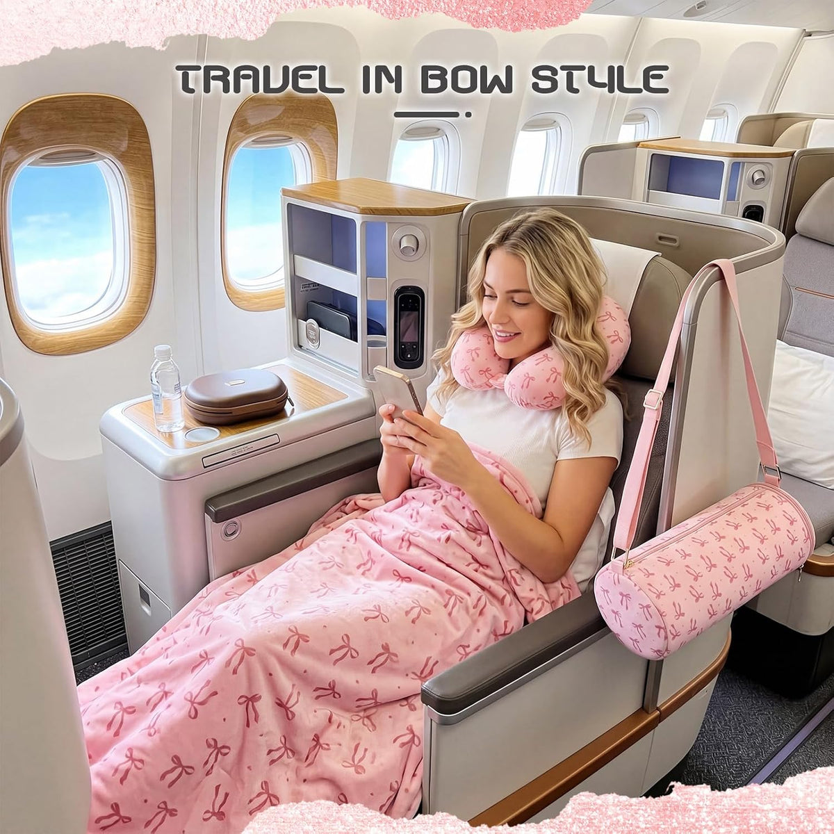 Moukeren 4 Pcs Pink Bow Travel Pillow and Blanket Set for Women and Girls