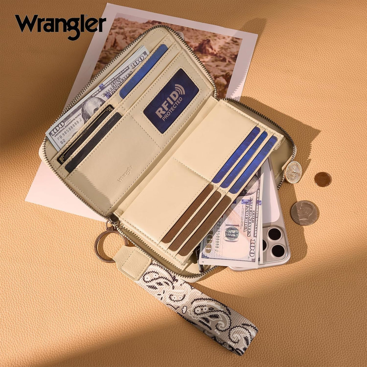 Montana West Wrangler Western Paisley Wristlet Wallet for Women, PU Leather Zip Around Clutch with RFID Blocking & Coin Pocket