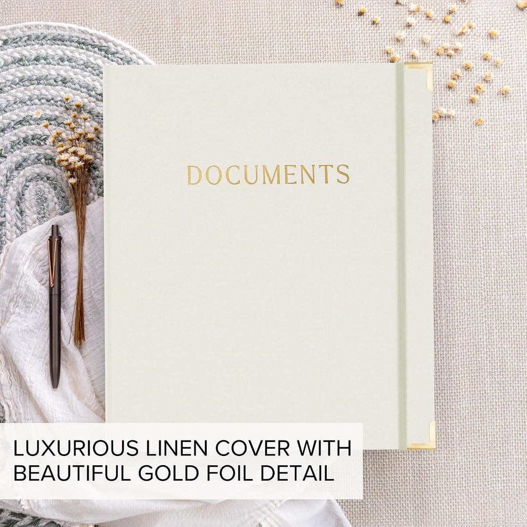 Aesthetic Document Organizer Folio - Linen Cover Life and Family Emergency Binder - Perfect Files Organizer for Your Important Documents, Birth Certificates, Passports, Social Security Cards, Photo