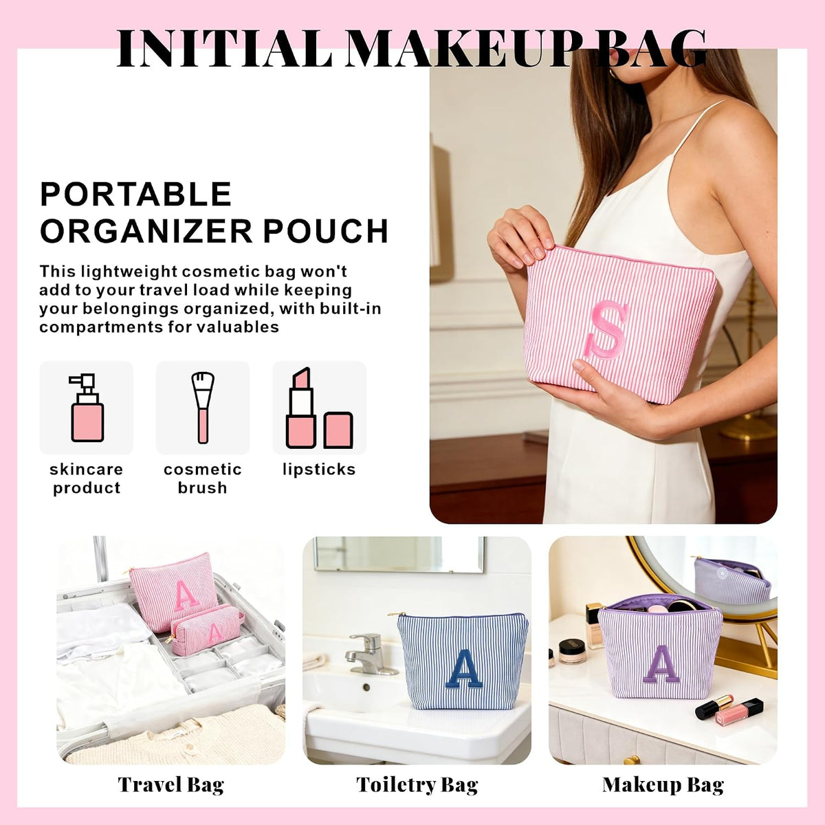 Initial Makeup Bag Set - Cute Blue Stuff for Women, Personalized Makeup Pouch Cosmetic Bag, Travel Essentials Toiletry Bag, Birthday Christmas Gifts for Women Stocking Stuffers, Blue Letter E