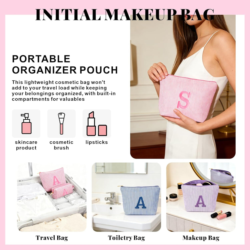 Initial Makeup Bag for Women - Travel Pouch, Portable Personalized Cosmetic Bag Make up Kit Pouch | Travel Essentials Cute Makeup Bag Birthday Gifts for Women, Light Pink Letter T