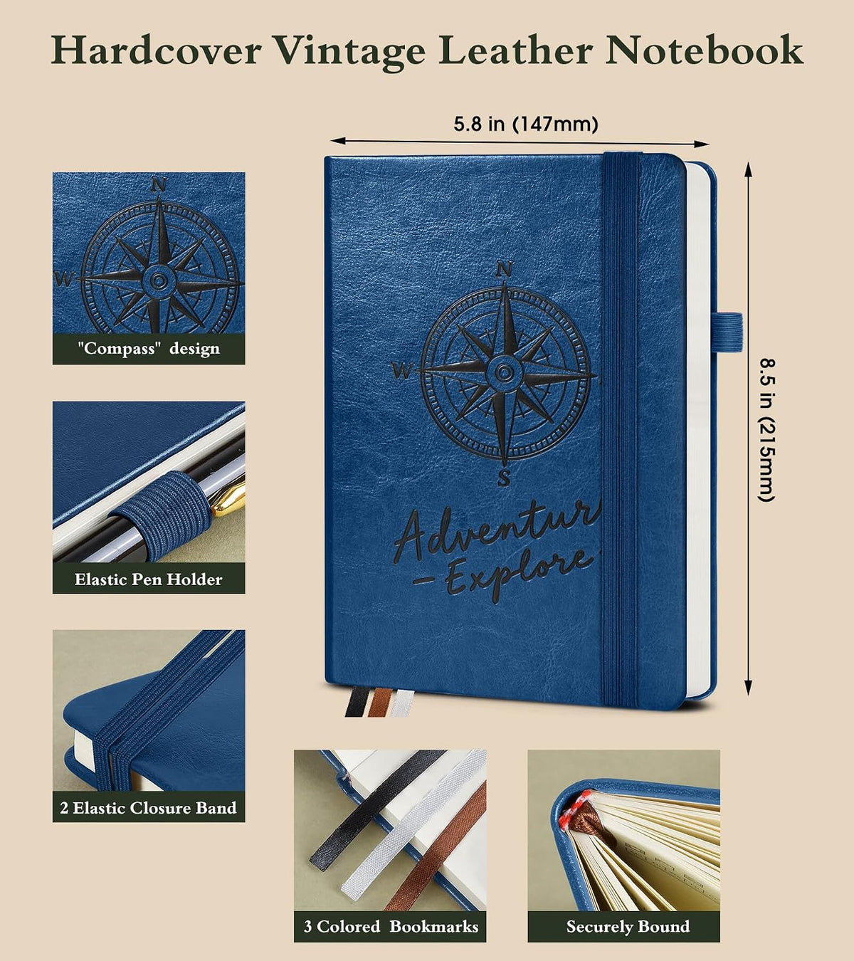 PAIBAS A5 Lined Journal, Leather Bound Notebook for Work & Travel 5.8"×8.5"