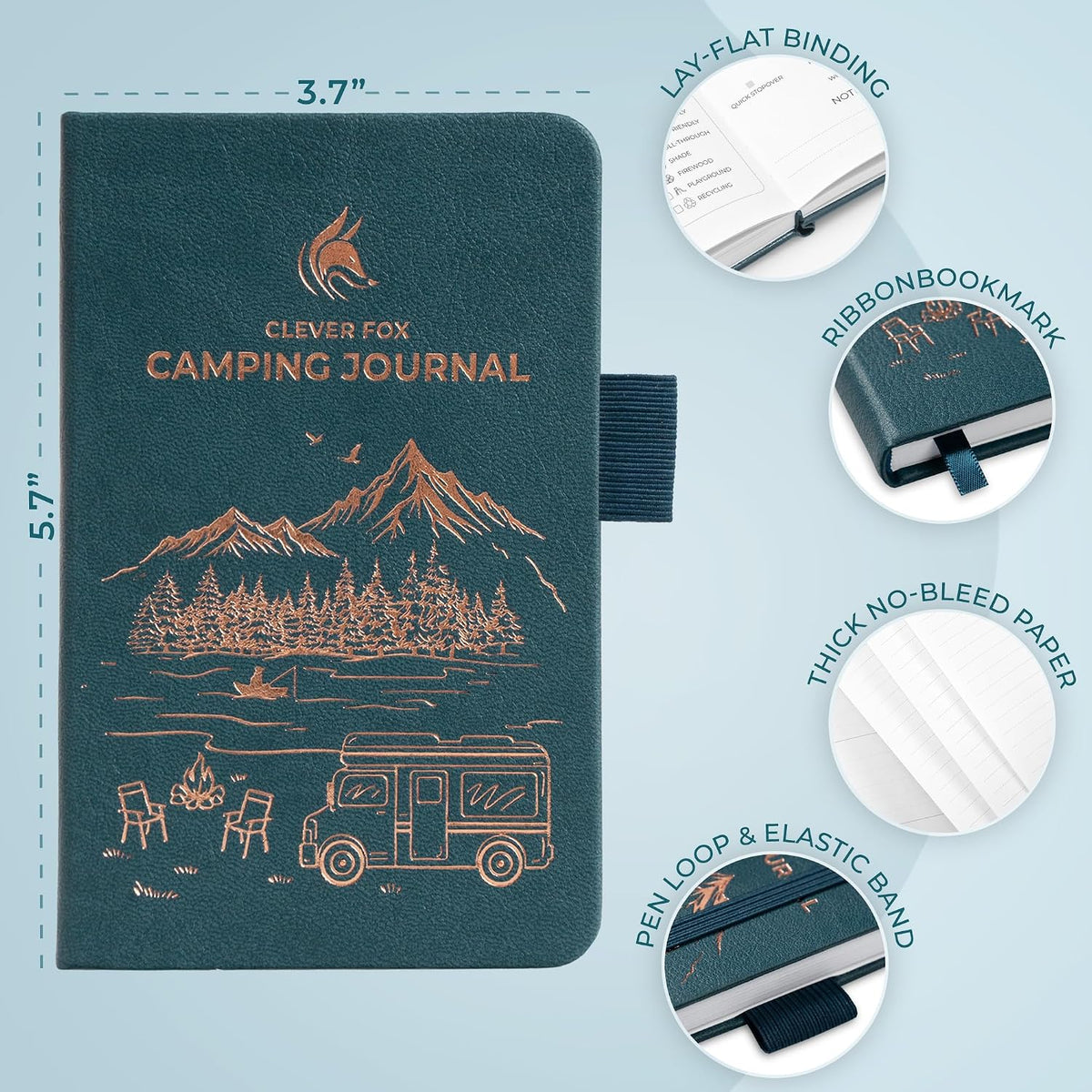 Clever Fox Camping Journal, RV Travel Log Book, 3.7" x 5.6" Deep Sea