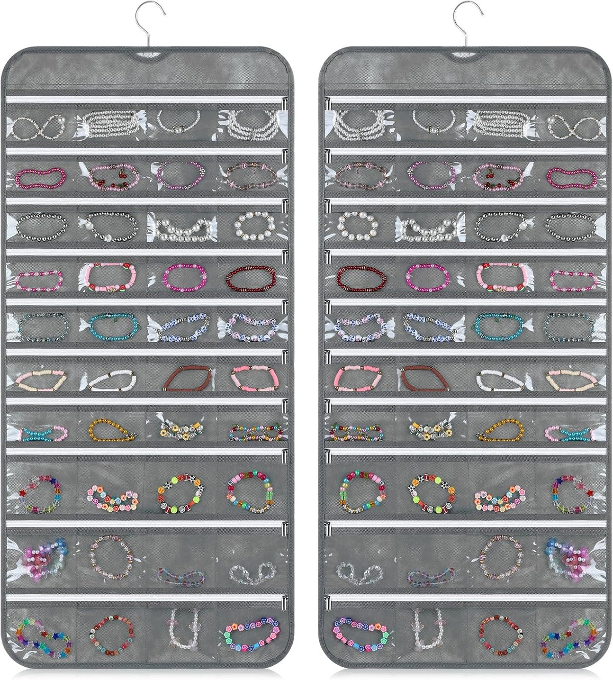 SynHHergyx 2 Pack Zippered Pocket Hanging Jewelry Organizer Dual-Sided Zipper Jewelry Holder Hanging Storage Organizer for Holding Earrings Bracelets Rings, Each with 80 Zippered Pockets