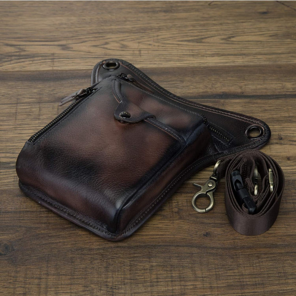 Le'aokuu Mens Genuine Leather Outdoor Sporting Hiking Waist Hip Pack Messenger Shoulder Drop Leg Thigh Bag Pouches For Women (211-5 Coffee)