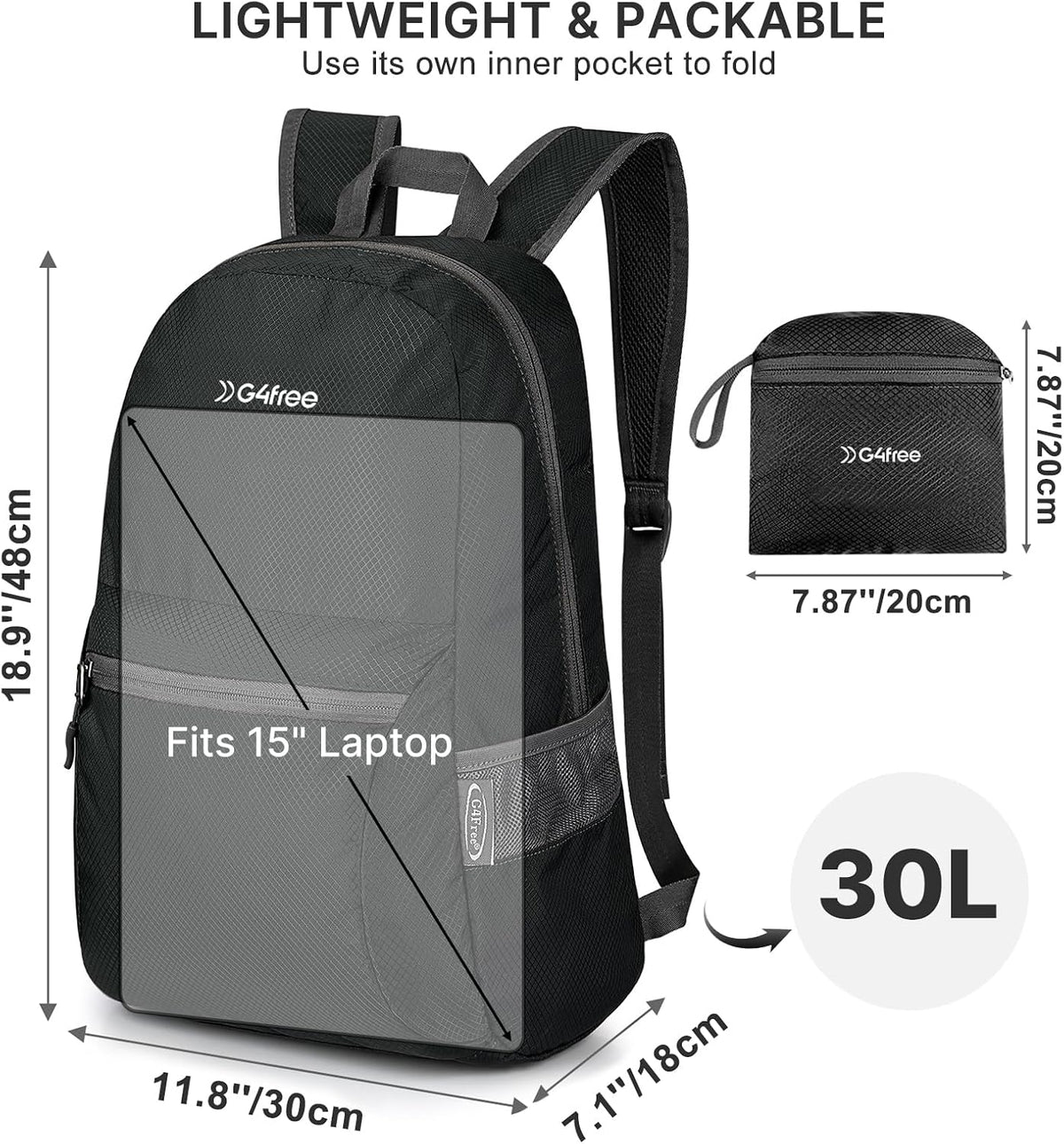 G4Free 30L Packable Travel Hiking Backpack for Men Women