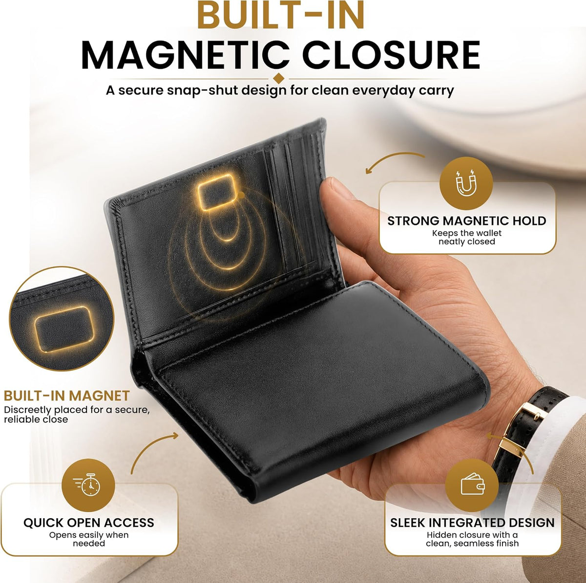 RFID Trifold Wallet for Men Genuine Napa Leather, Magnetic Closure