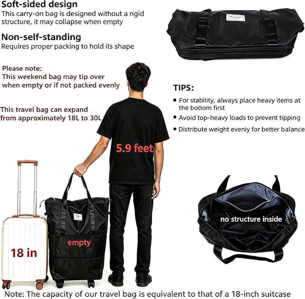 Rolling Duffle Bag with Wheels, Expandable Foldable Duffle Bag for Travel, Rolling Under Seat Luggage Carry on Duffel Bags, Wheeled Travel Duffel Weekend Bags, Capacity 18L to 30L (Black)