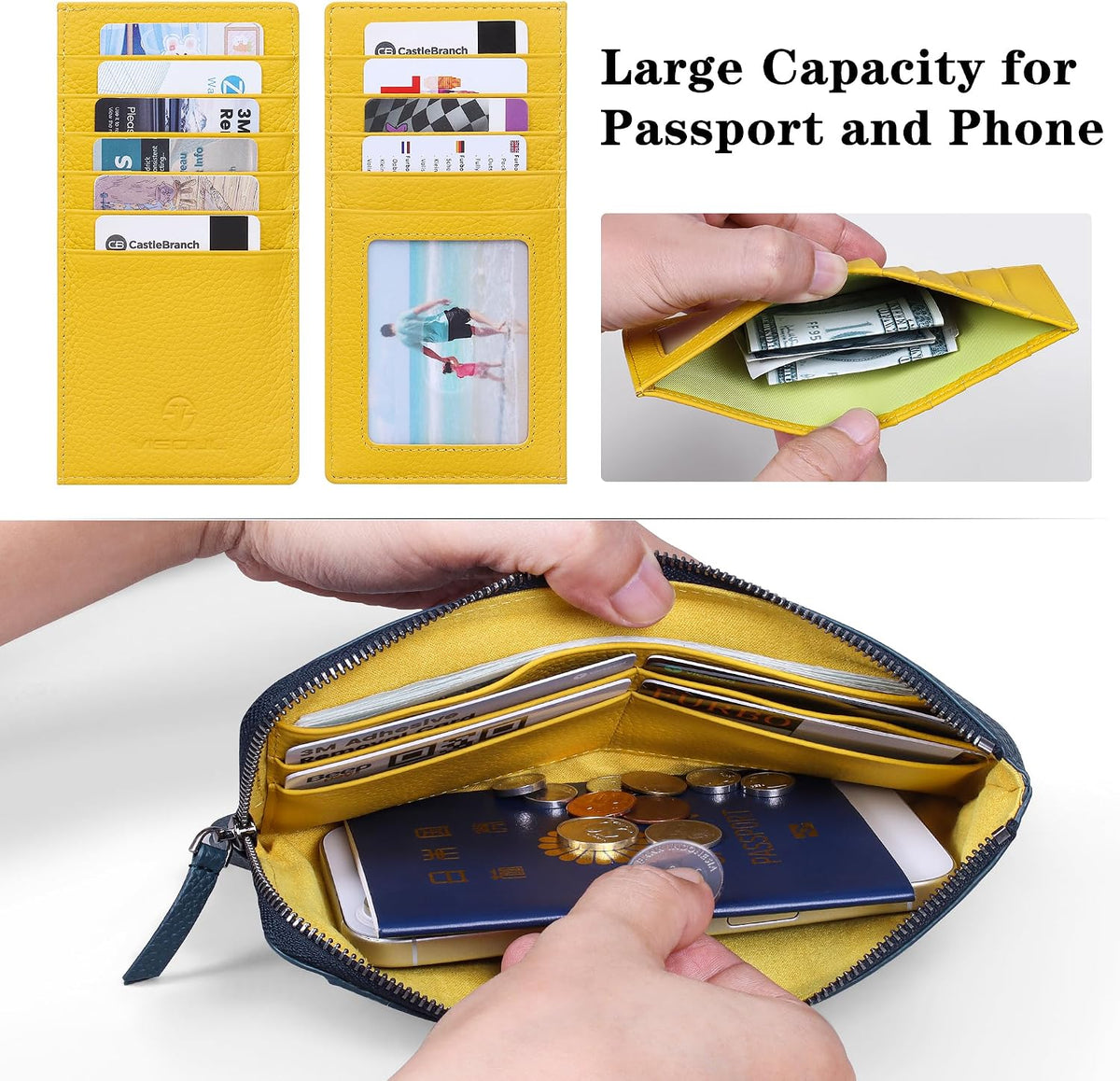 VISOUL Long Zipper Cash Wallet for Women with Removable Credit Card Holder Soft Genuine Pebbled Leather Contrast Color-Blue and Yellow