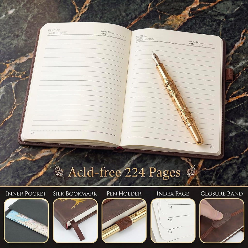 Vintage Hardcover Leather Journal Notebook, A5 Lined Notebook for Business Work School, 224 Pages 100GSM Thick No Bleed Paper, 180° Lay Flay Premium Writing Notebook for Note Taking Daily Diary Travel (Brown)