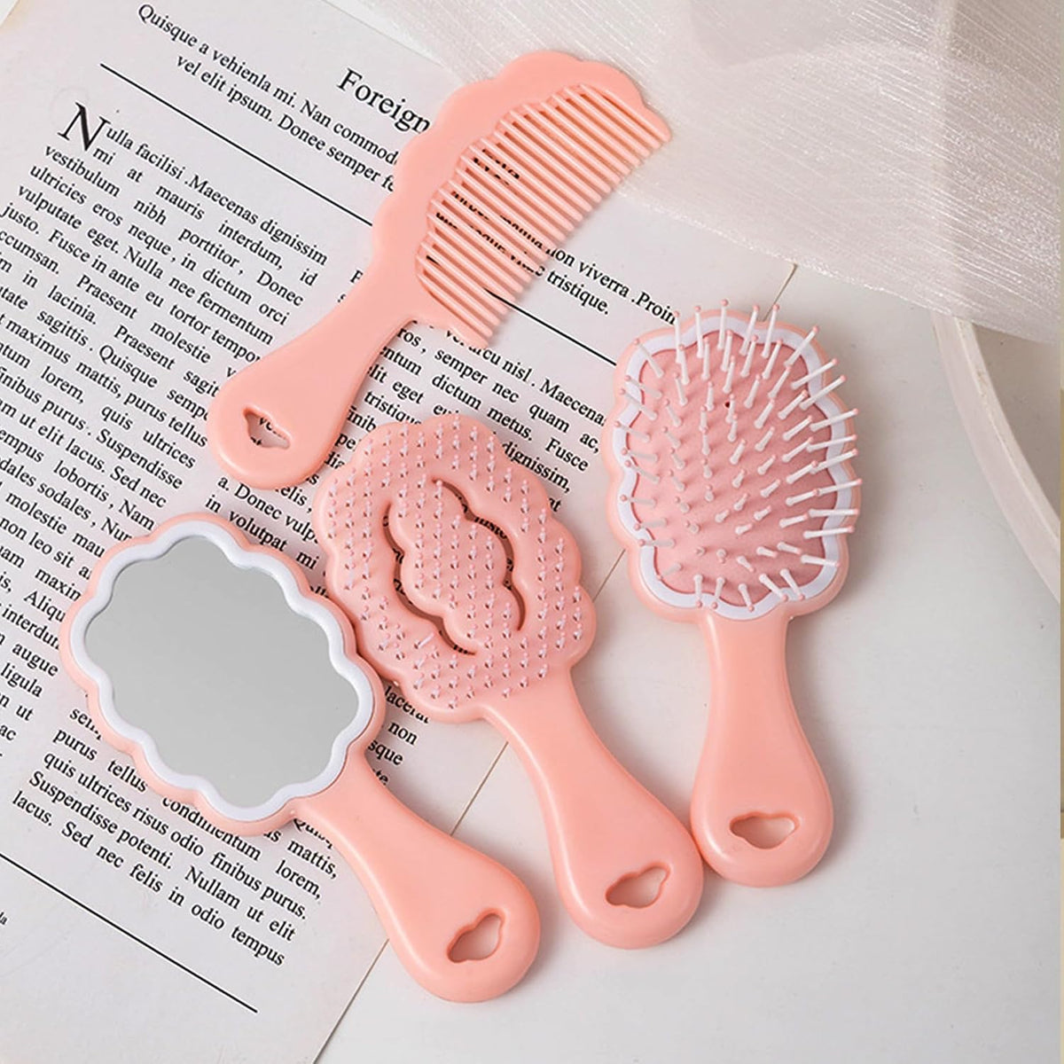 4 Pieces Mini Wet Hair Brush Hair Comb Set For Women Girls Kids Gift Small Cute Cloud shaped Hair Comb Hair Brush Handheld Mirror Set Travel Detangling Comb Massage HairBrush with Air Cushion (Pink)