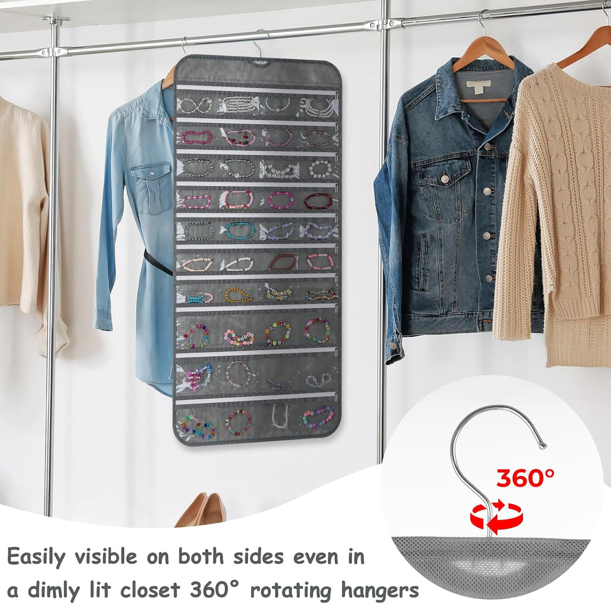 SynHHergyx 2 Pack Zippered Pocket Hanging Jewelry Organizer Dual-Sided Zipper Jewelry Holder Hanging Storage Organizer for Holding Earrings Bracelets Rings, Each with 80 Zippered Pockets