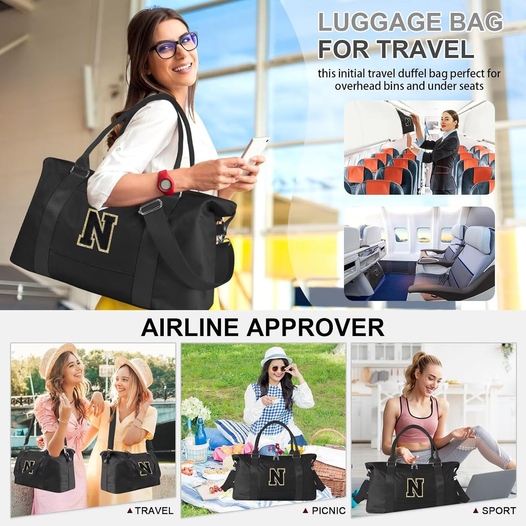 Dance Gym Duffel Bag for Teen Girls,Personalized Initial Travel Weekender Bag,Overnight Carry On Duffle for Women,Sports Travel Cheer Bag,Monogram Graduation Birthday Gifts for Tween Preppy(black-N)