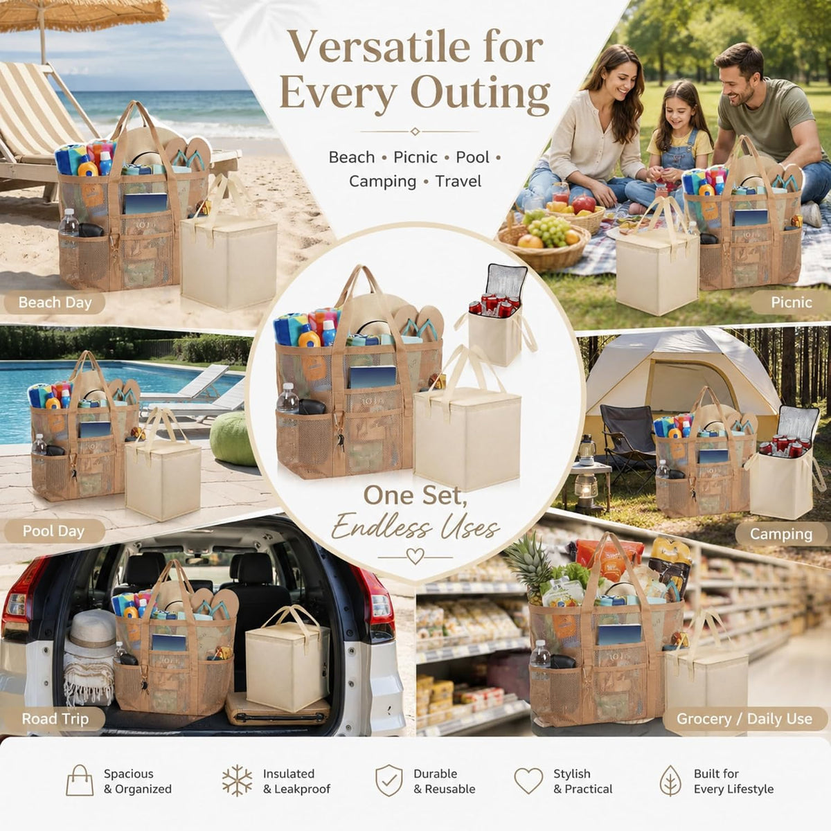 Shinylin 50l Mesh Beach Bag with Cooler Set Picnic Pool