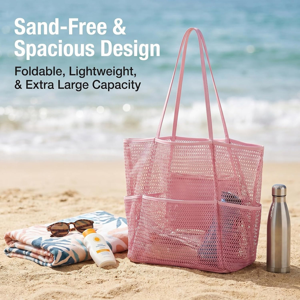 5-Pocket Foldable Mesh Beach Tote for Women, Water-Resistant Sand-Proof Travel Pool Vacation Carryall