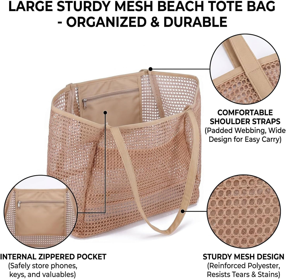Beach Bag with Mini Pocket, Large Foldable Mesh Tote for Women, Lightweight & Travel Bag for Vacation & Outdoor