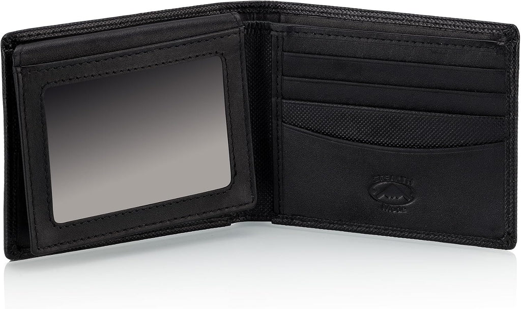 Stealth Mode Leather Bifold Wallet for Men With ID Window and RFID Blocking (Black Crunch)