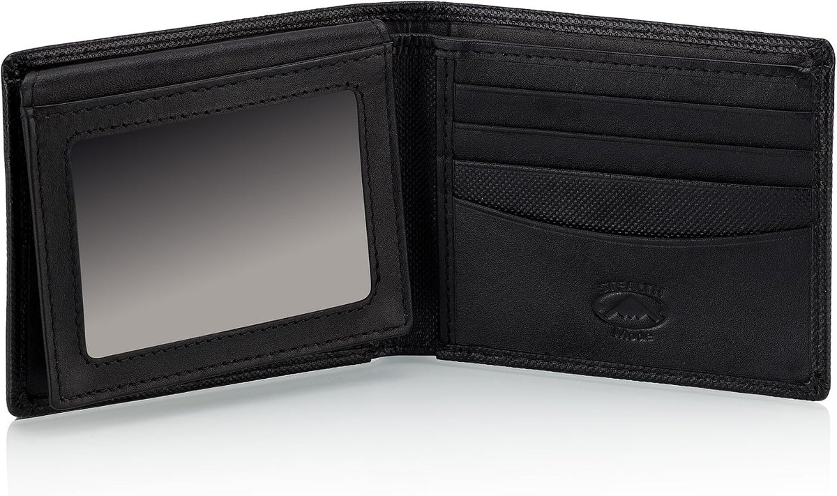 Stealth Mode Leather Bifold Wallet for Men With ID Window and RFID Blocking (Black Crunch)