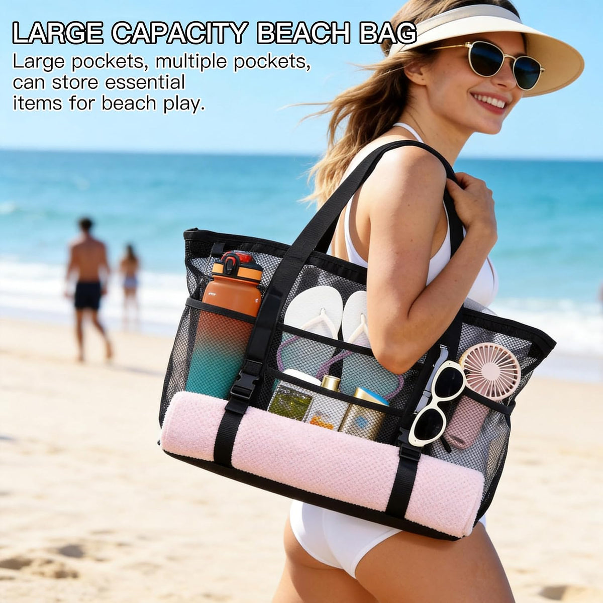 Large Mesh Beach Tote Bag with Top Zipper