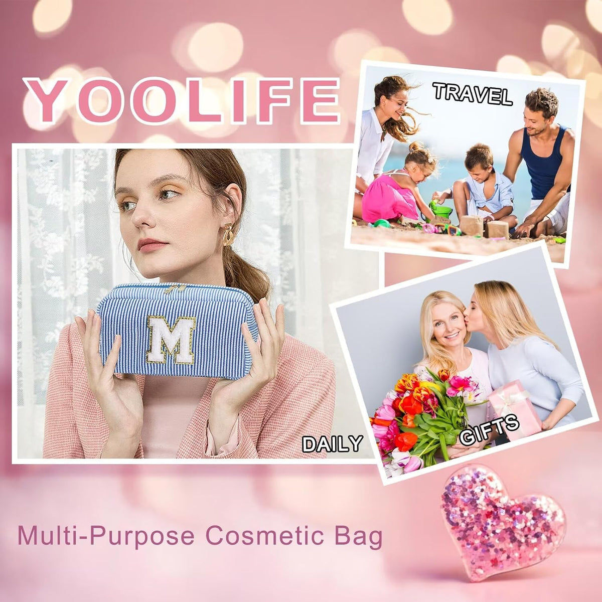 YOOLIFE Gifts for Women Teen Girls Kids - Initial Makeup Bag Cosmetic Case Toiletry Pouch, Birthday Gifts for Women Friends Sister Teacher, Light Blue K