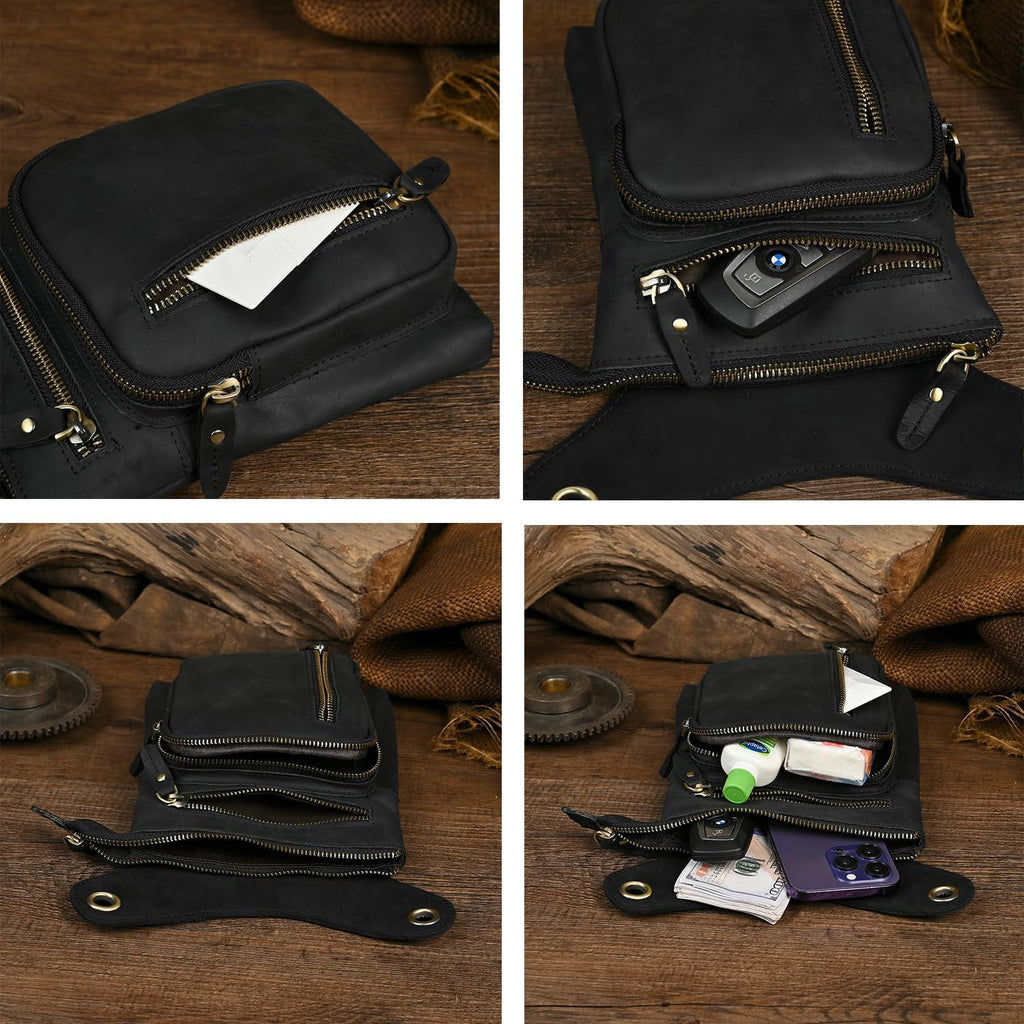 Le'aokuu Mens Genuine Leather Outdoor Sporting Hicking Waist Hip Pack Messenger Shoulder Drop Leg Thigh Bag Pouches For Women G1011 (G1011 Black 2)