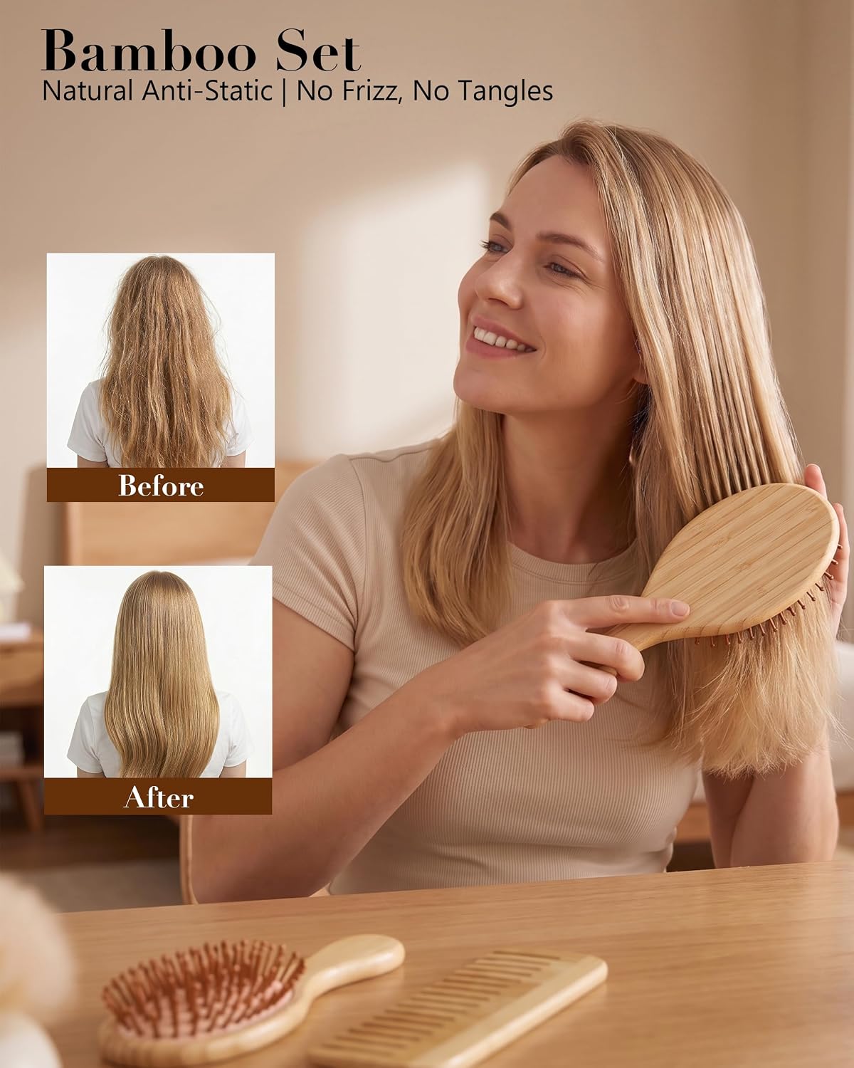 Bamboo Hair Brush 4 Piece Set,Large & Small Full Bamboo Cushion Massage Brush,Fine Tooth Tail Comb & Wide Tooth Comb,Paddle Detangling Brush for Dry, Curly and Wet Hair,for Women Men and Kids