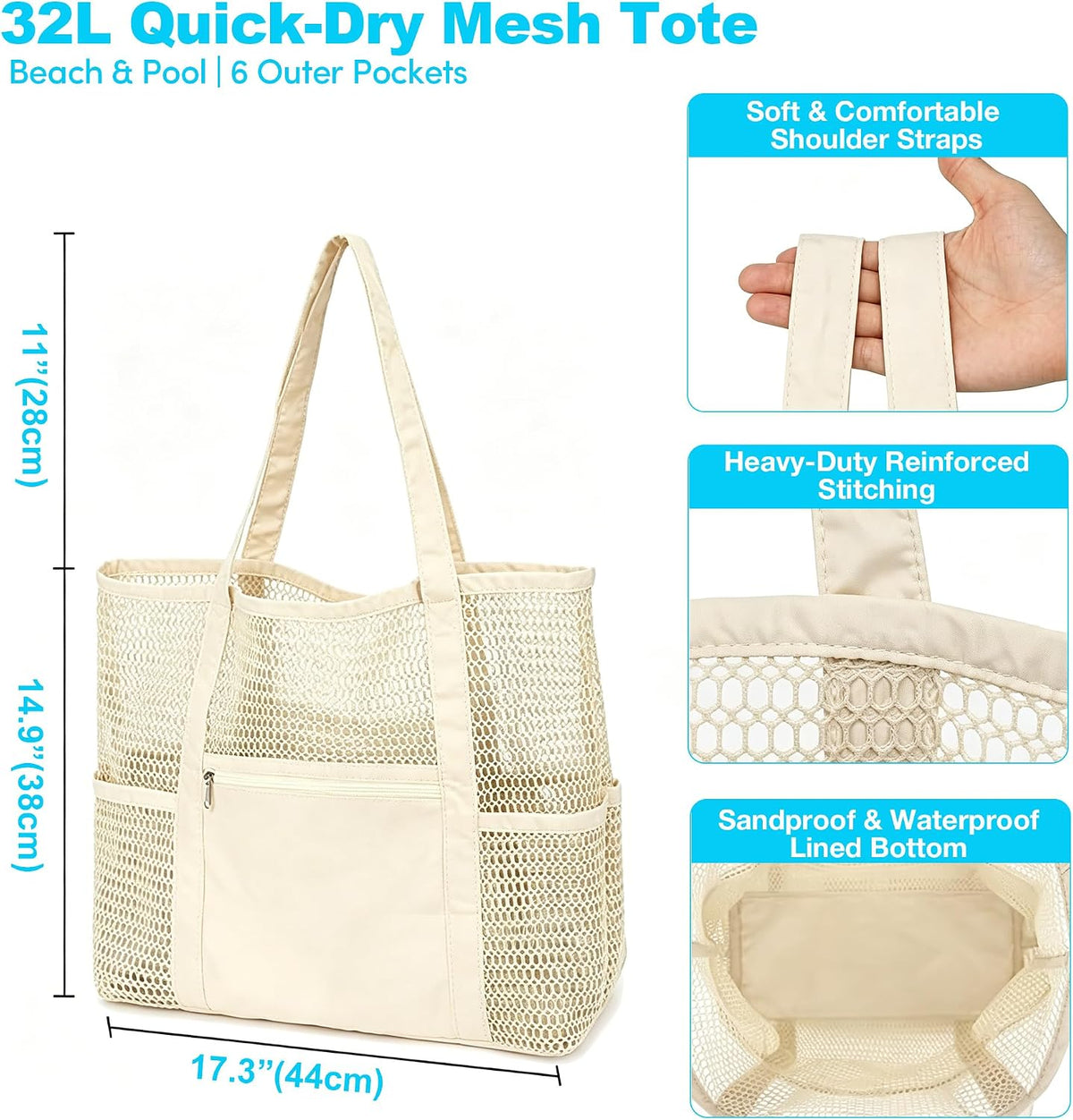 KELMALL XL Mesh Beach Tote, Sandproof Quick Dry Pool Vacation Bag