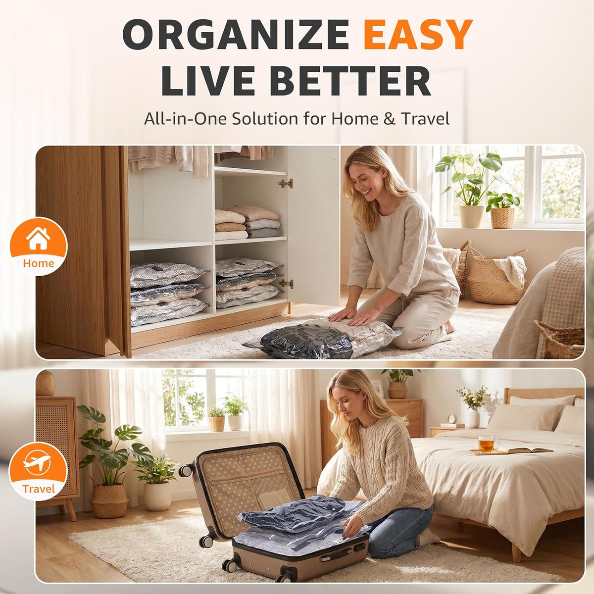 15 Pack Travel Vacuum Bags with Rechargeable Pump, 3 Sizes Combo