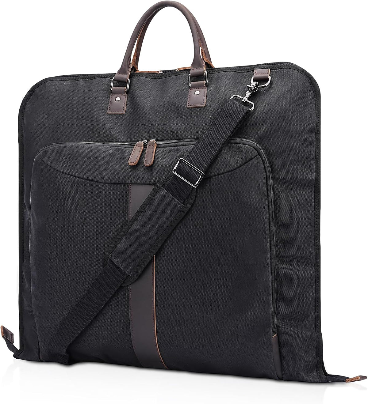 Polare Waxed Canvas Full Grain Leather Trim Garment Carry On Bag for Travel, Foldable Hanging Suitcase Weekender Dust-Proof Garment Waterproof Cover with YKK Zipper and Adjustable Strap (Black)