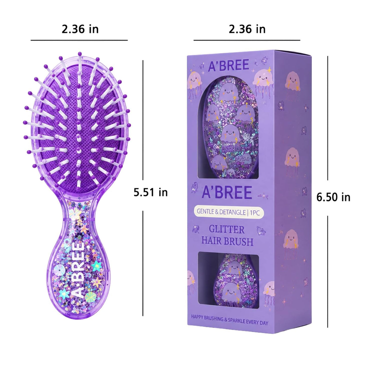 A'BREE Mini Glitter Detangling Hair Brush for Kids Girls Women – Gentle Wet and Dry Hairbrush, Travel Sized Tangle Free Knot Tamer for Toddler, Adorable Character Glitter Design (Royal Purple)