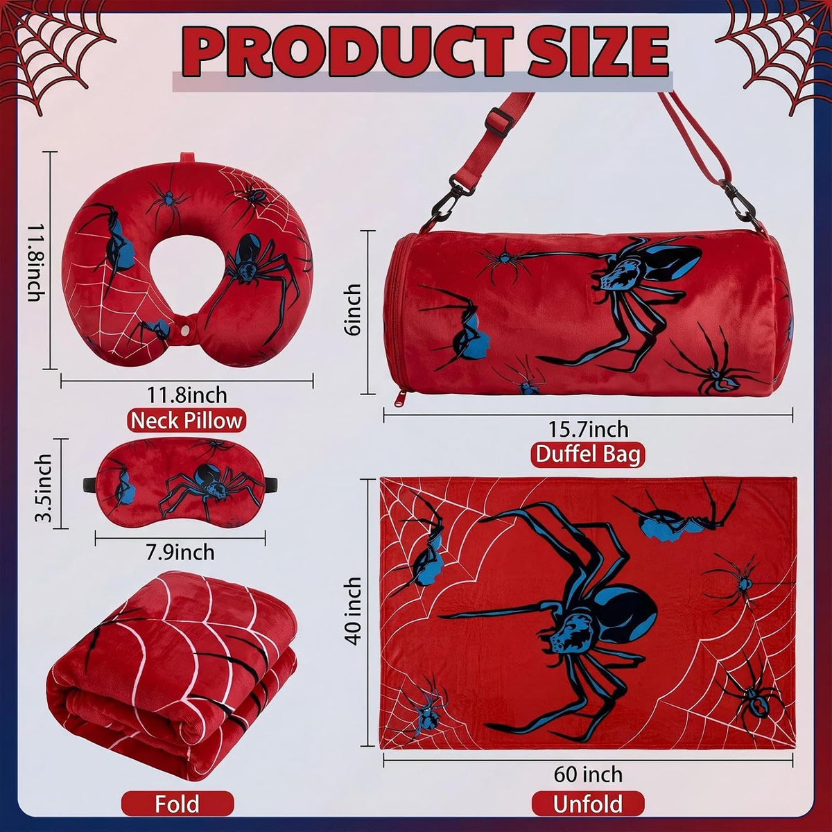 Moukeren 4 Pcs Spider Web Travel Pillow and Blanket Set