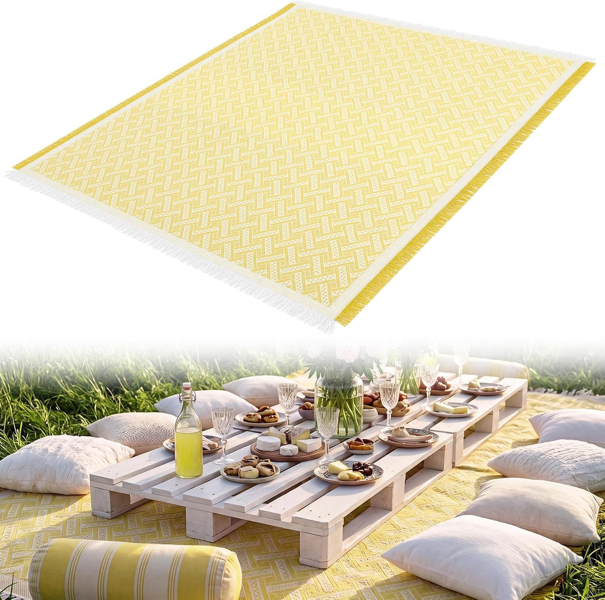 1 Pack White Yellow Extra Large Picnic Blanket, 71 x 91 Inches