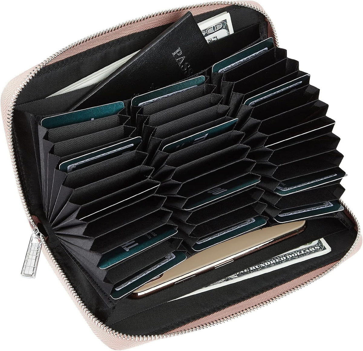Women 36 Slots RFID Blocking Card Holder Large Long Leather Zipper Organizer Accordion Wallet,Rose Gold