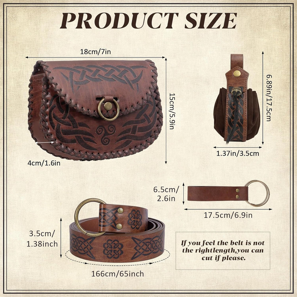 Viking Pirate Embossed Renaissance Belt Pouch Brown 4pcs