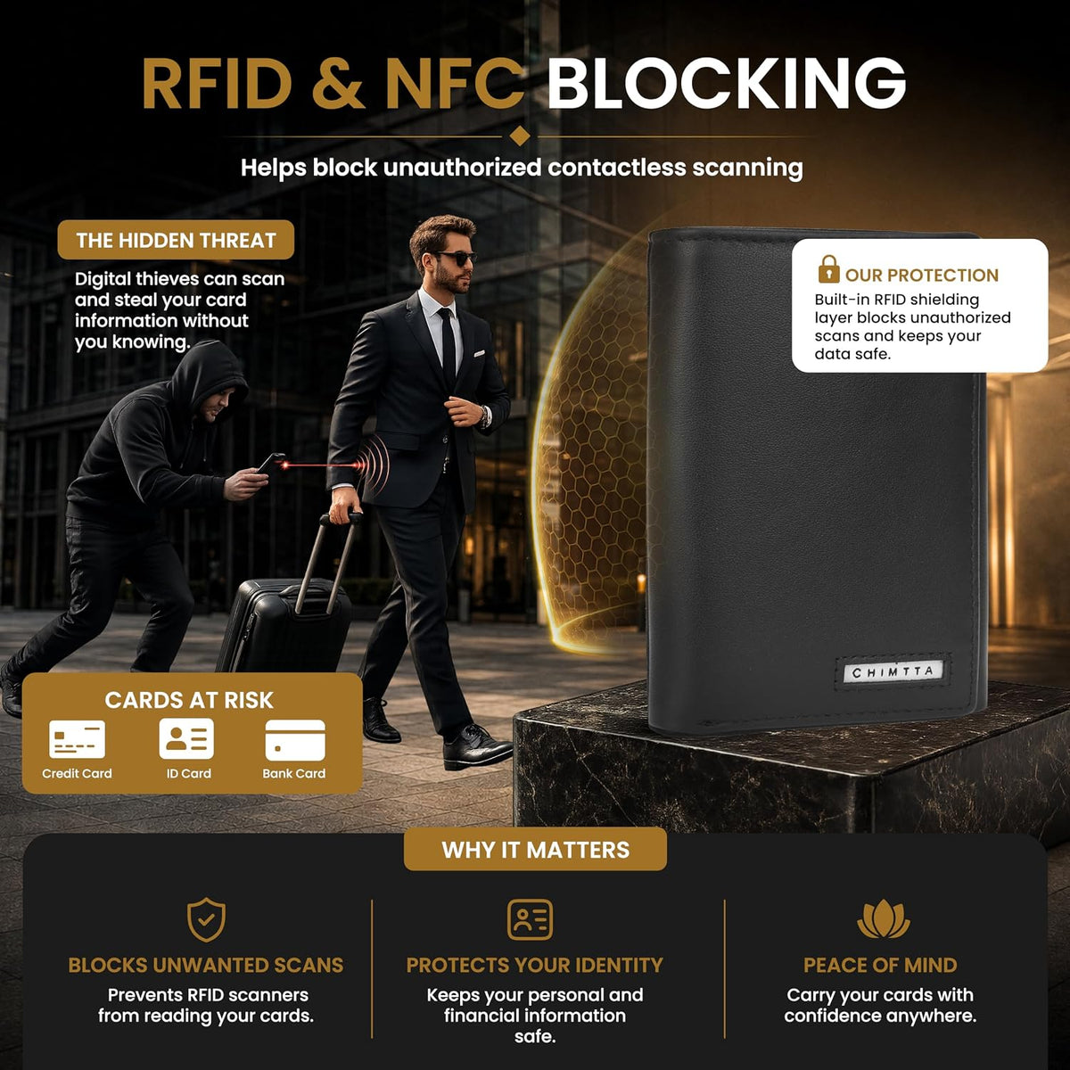 RFID Trifold Wallet for Men Genuine Napa Leather, Magnetic Closure