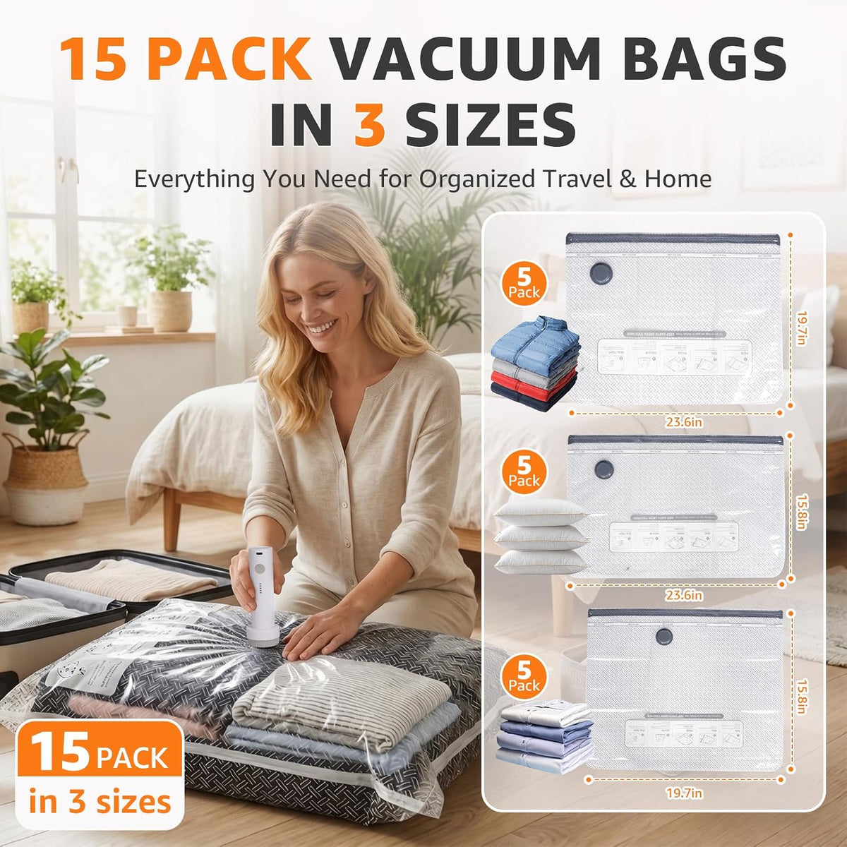 15 Pack Travel Vacuum Bags with Rechargeable Pump, 3 Sizes Combo