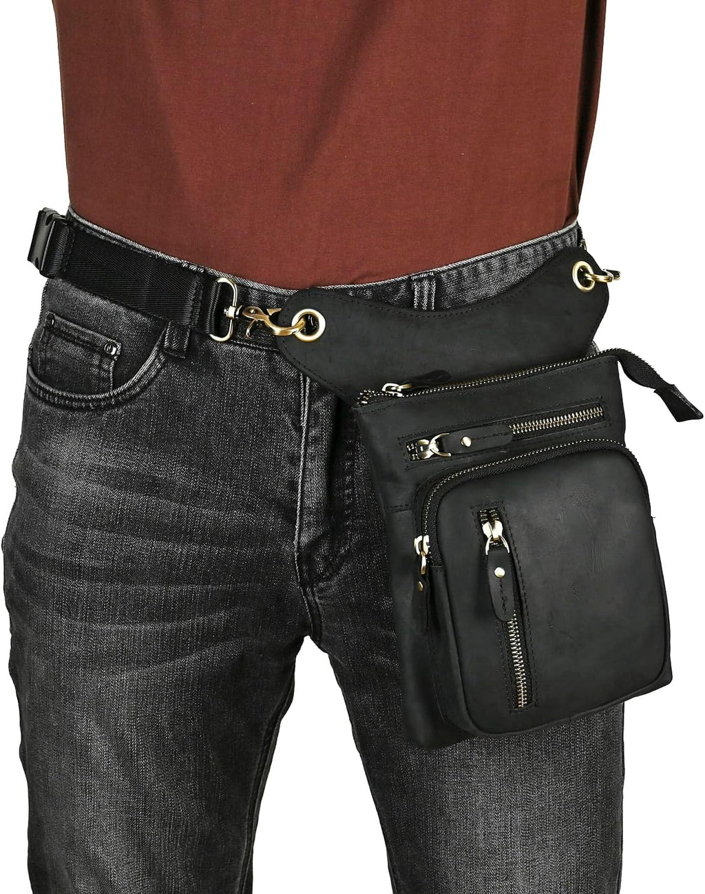 Le'aokuu Mens Genuine Leather Outdoor Sporting Hicking Waist Hip Pack Messenger Shoulder Drop Leg Thigh Bag Pouches For Women G1011 (G1011 Black 2)