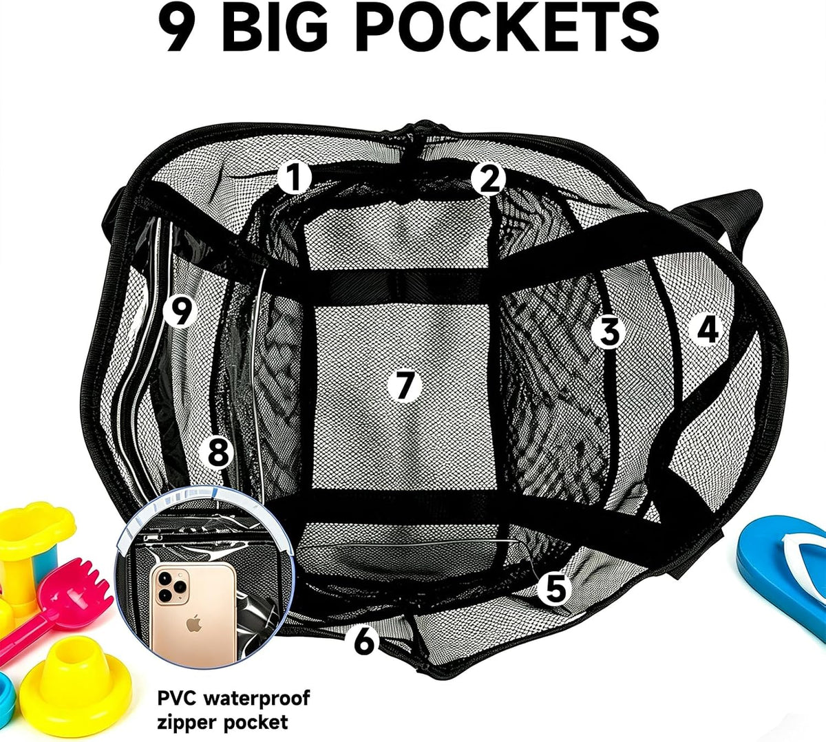 Amamlety Mesh Beach Bag with 2 Pack Large Waterproof Phone Pouch Set, foldable Tote Bag with Multiple Pockets,Universal Dry Bag,Pool Toys Cruise Travel Vacation Essentials for Family Summer 4 Keychain