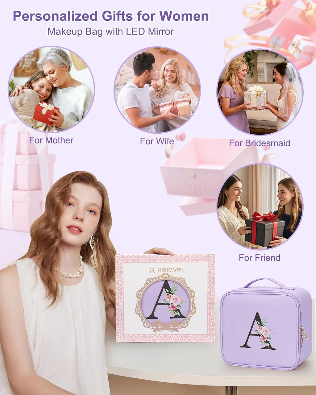 Relavel Initial Makeup Bag, Mothers Day Gifts for Mom, Birthday Gifts for Women, Makeup Case with LED Mirror, Monogram Cosmetic Bag Train Case, Personalized Gifts for Girls Friends Wife, Purple M