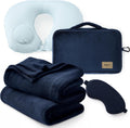 Bedsure Travel Blanket Set with Inflatable Neck Pillow and Eye Mask, Navy